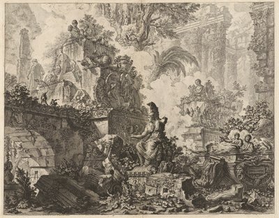 Frontispice, Fantaisie de ruines avec une statue de Minerve au premier plan, de Vedute di Roma (Vues de Rome) - Giovanni Battista Piranesi