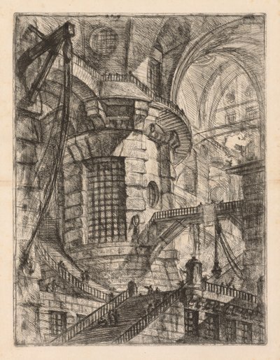 Les prisons : Un bâtiment voûté avec une colonne centrale avec fenêtre grillagée - Giovanni Battista Piranesi