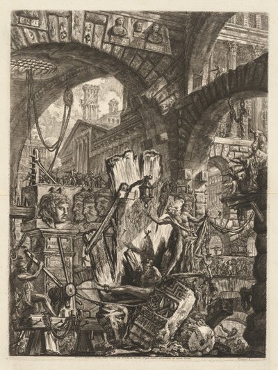 Les Prisons : Un méli-mélo architectural, avec un homme sur le rocher au premier plan, 1745-50 - Giovanni Battista Piranesi