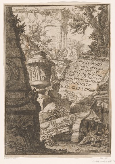 Titre sur un bloc de marbre dans un paysage avec des ruines (Première partie d