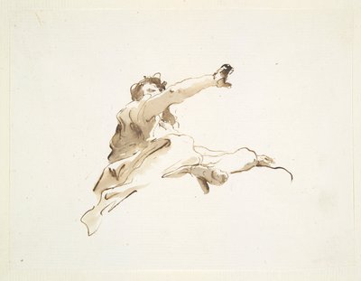 Figure assise avec la tête tournée vers la gauche et le bras droit levé, vue d