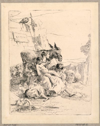 Femme avec deux enfants et un âne, planche 21 des Scherzi di Fantasia - Giovanni Battista Tiepolo