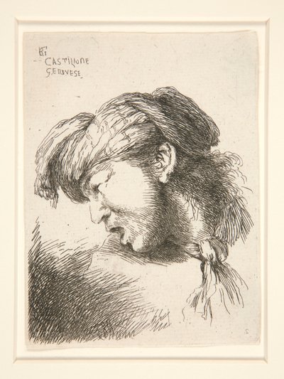 Un homme sans barbe, vu de profil et tourné vers la droite. Sa bouche est ouverte comme pour crier, de la série Les petites têtes - Giovanni Benedetto Castiglione