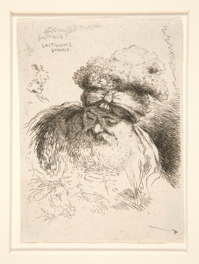 Un vieil homme avec une grande barbe, vu de face, la tête et les yeux baissés, de la série Les petites têtes d - Giovanni Benedetto Castiglione