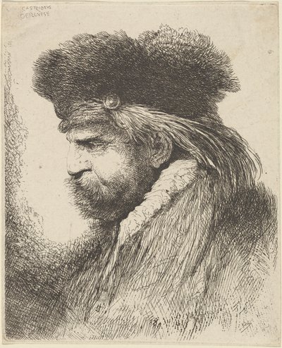 Homme barbu avec un bonnet de fourrure, face à gauche - Giovanni Benedetto Castiglione