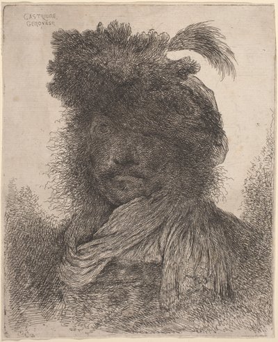 Homme Barbu au Visage Ombragé, Portant une Écharpe et un Chapeau à Plume - Giovanni Benedetto Castiglione