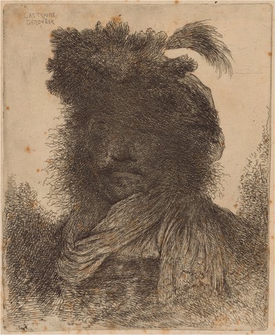 Homme barbu au visage ombragé, portant une écharpe et un chapeau à plumes - Giovanni Benedetto Castiglione