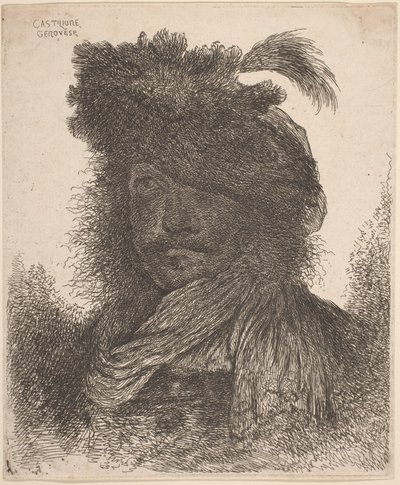Homme Barbu au Visage Ombragé, Portant une Écharpe et un Chapeau à Plumes - Giovanni Benedetto Castiglione