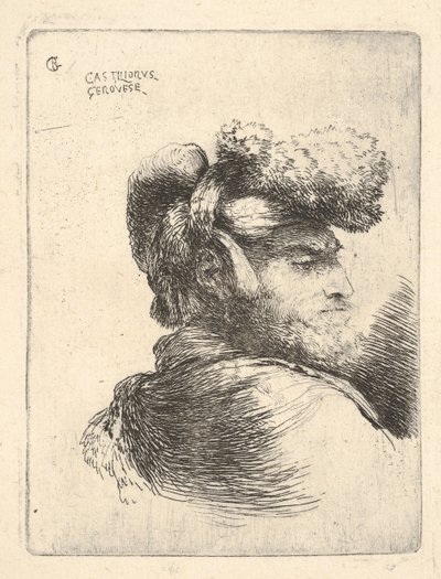 Homme de profil face à droite, portant un chapeau de fourrure, de la série des Petites Têtes en Orient - Giovanni Benedetto Castiglione