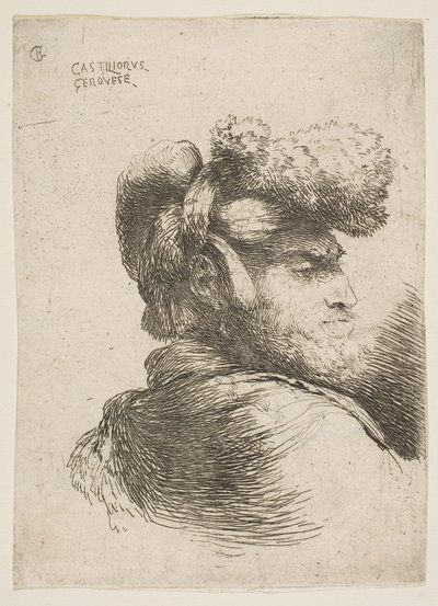Homme de profil tourné à droite, portant un chapeau de fourrure, de la série des petites têtes, vers 1645-1650 - Giovanni Benedetto Castiglione