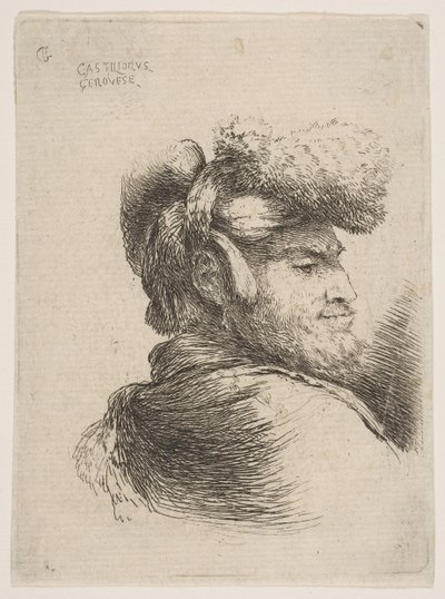 Homme de profil tourné vers la droite, portant un chapeau de fourrure, de la série des petites têtes en Orient..., vers 1645-50 - Giovanni Benedetto Castiglione