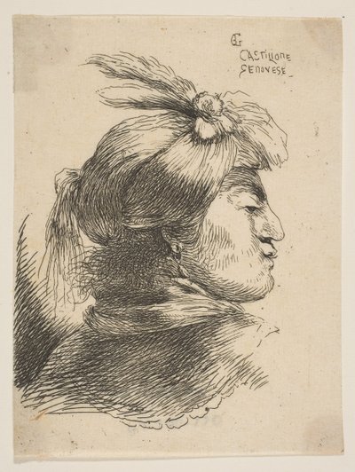 Homme portant un petit turban orné de plumes et de ruban, de profil droit, vers 1645-1650 - Giovanni Benedetto Castiglione