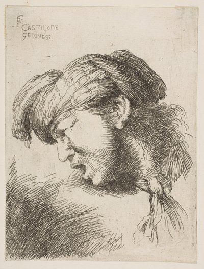 Homme portant un turban, une cravate attachée autour du cou, face à gauche, de la série de..., 1645-1650 - Giovanni Benedetto Castiglione