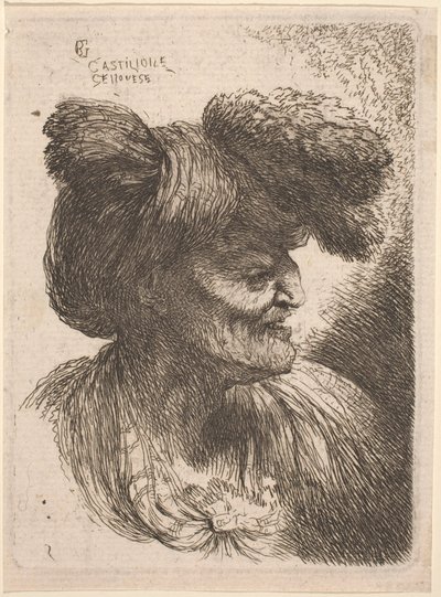 Vieil homme portant un turban orné de fourrure, face à droite - Giovanni Benedetto Castiglione