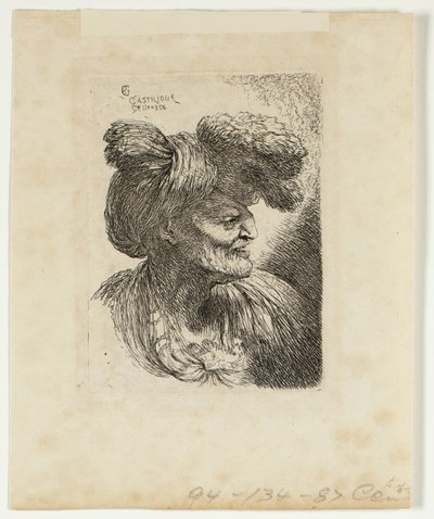 Vieil homme portant un turban orné de fourrure, face à droite, des Petites études de têtes en coiffure orientale - Giovanni Benedetto Castiglione
