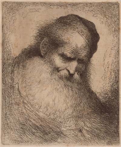 Vieil homme avec une longue barbe et une calotte, penché en avant - Giovanni Benedetto Castiglione