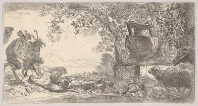 Pan allongé à gauche avec deux satyres debout, un grand vase sur un piédestal à droite, vers 1645 - Giovanni Benedetto Castiglione