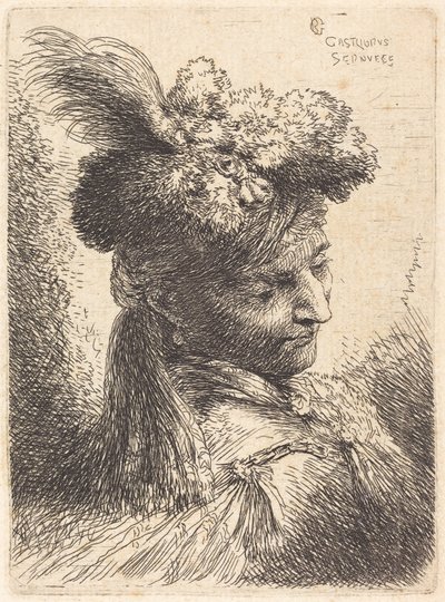 Jeune homme portant une coiffure de fourrure avec un bandeau, tourné vers la droite - Giovanni Benedetto Castiglione