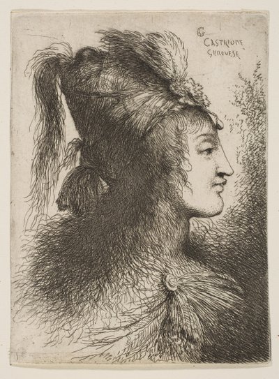 Jeune homme portant un turban à plumes, tourné vers la droite, de la série des Petites Têtes, vers 1645-1650 - Giovanni Benedetto Castiglione