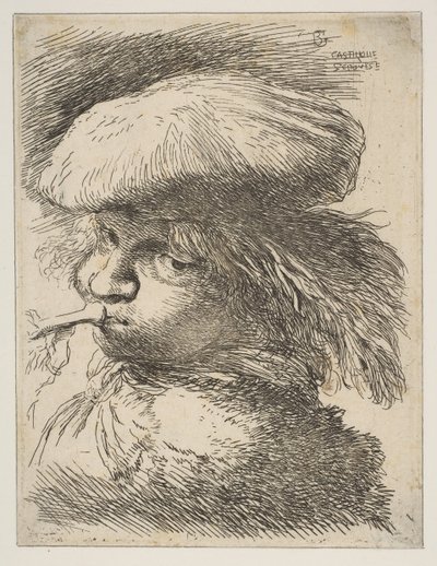 Jeune homme avec une trompette tourné vers la gauche, de la série de petites têtes orientales - Giovanni Benedetto Castiglione