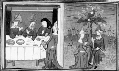 Décaméron,Lidia tue l’épervier de son mari; la femme converse avec son mari dans la prairie . Septième journée, nouvelle 9 - Giovanni Boccaccio