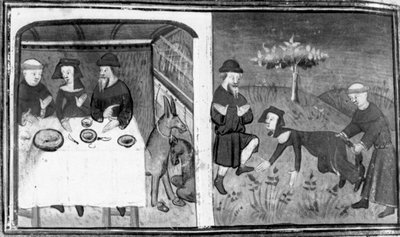 Décaméron, Gianni di Barolo est assis à la table avec Pietro da Tresanti et sa femme ; Gianni tente d’attacher la queue à la femme. Neuvième journée, nouvelle 10 - Giovanni Boccaccio