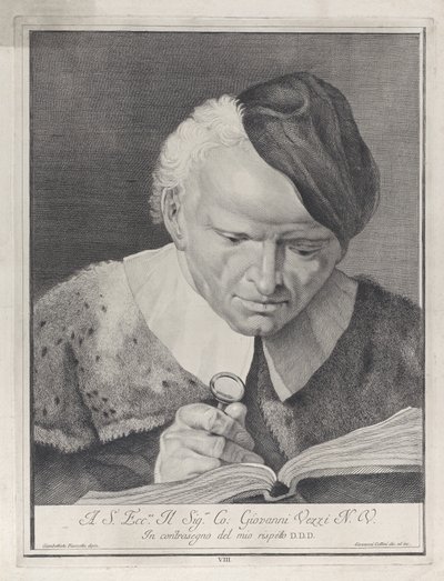 Homme avec un chapeau lisant un livre avec une loupe, 1743 - Giovanni Cattini