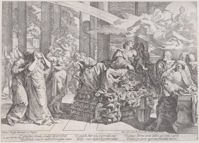 Le suicide de Didon qui repose sur un bûcher au centre, entourée de nombreuses figures, 1650-55 - Giovanni Cesare Testa