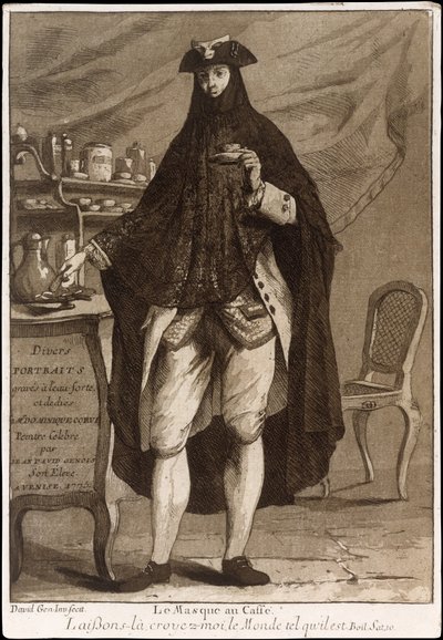 Un homme portant un masque buvant une tasse de café Le Masque au Café, 1775 - Giovanni David