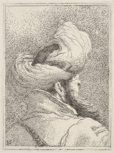 Homme barbu portant un turban, représenté en buste de dos, vu de trois quarts, de « Collection de têtes » (Raccolta di teste) - Giovanni Domenico Tiepolo