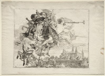 Fuite en Égypte : Dédiace avec figure ailée de la Renommée portant les armes du prince-évêque de Wurtzbourg - Giovanni Domenico Tiepolo