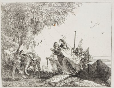 Marie, aidée par Joseph et un ange, descendant du bateau, planche dix-huit de La Fuite en Égypte - Giovanni Domenico Tiepolo