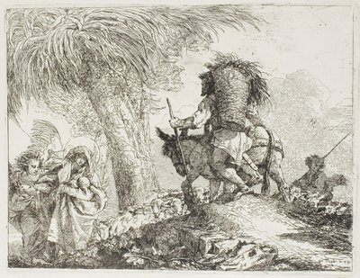 Marie, Aidée par un Ange, et Joseph Portant le Panier, Passant un Troupeau, planche 24 de La Fuite en Égypte - Giovanni Domenico Tiepolo