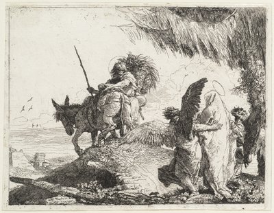 La fuite, avec la Madone à droite soutenue par des anges - Giovanni Domenico Tiepolo