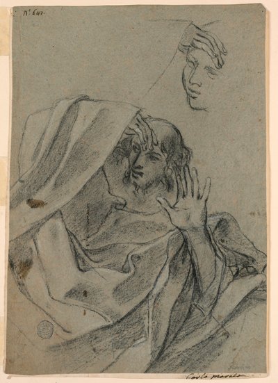 Études de dessin avec visage de femme et homme allongé, et main droite avec avant-bras - Giovanni Francesco Barbieri