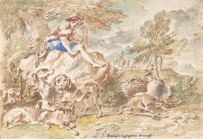 Jeune chasseur avec ses chiens dans un paysage, 1641-1710 - Giovanni Francesco Castiglione