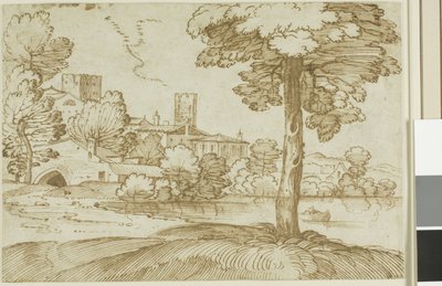 Paysage avec un grand arbre à droite et une vue lointaine d