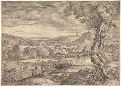 Paysage avec une usine de briques au milieu, un homme debout au premier plan, 1626-80 - Giovanni Francesco Grimaldi