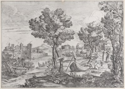 Paysage avec un homme tenant un serpent devant un enfant terrifié, observé par une femme élégante, 1626-80 - Giovanni Francesco Grimaldi