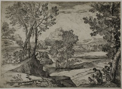 Femme, son enfant et un homme debout dans un paysage - Giovanni Francesco Grimaldi