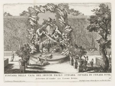 Fontaine avec un blason papal, deux tritons et des dauphins (série des fontaines dans les palais et jardins de Rome) - Giovanni Francesco Venturini