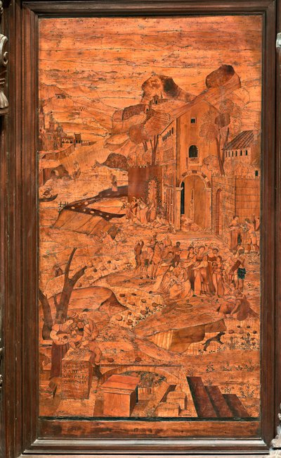 Gênes, Duomo (cathédrale Saint-Laurent), intérieur, abside, chœur, côté nord : "Moïse sauvé des eaux", marqueterie de bois par Giovanni Francesco Zambelli (XVIe siècle) - Giovanni Francesco Zambelli