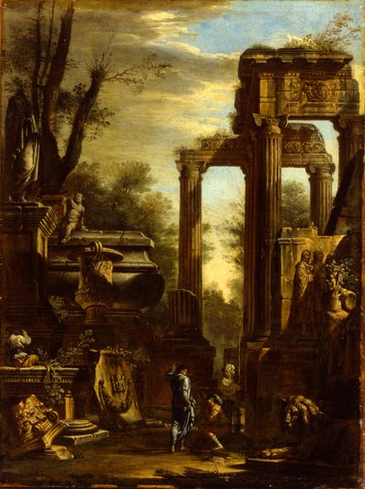 Caprice de ruines classiques et statues avec figures conversant - Giovanni Ghisolfi