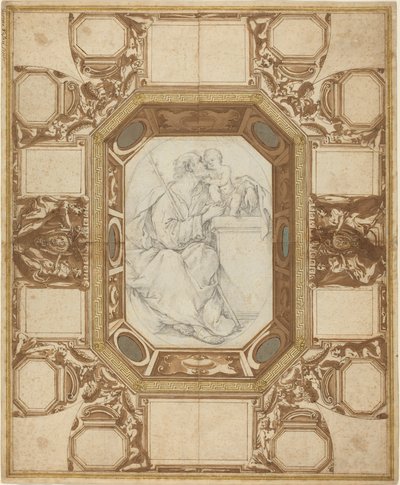 Plafond avec figures allégoriques et les armes du pape Sixte V (dessin extérieur de Guerra); Saint Joseph et l
