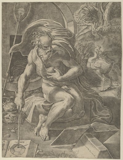 Diogène assis avec son tonneau derrière lui, lisant un livre en tenant un bâton, vers 1526-27 - Giovanni Jacopo Caraglio