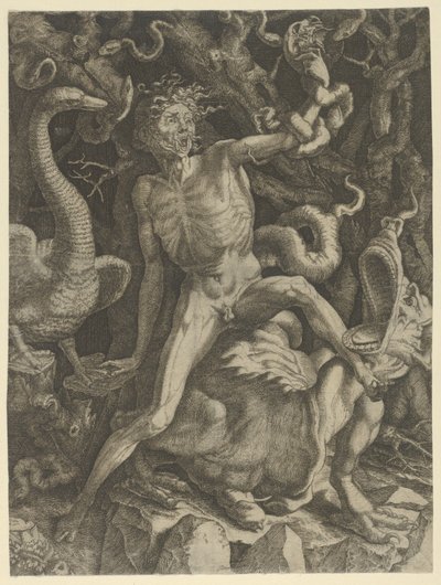 Furie personnifiée comme un vieil homme chevauchant un monstre, tenant un crâne dans sa main gauche, vers 1520-39 - Giovanni Jacopo Caraglio