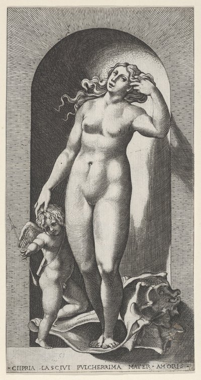 Planche 10 : Vénus dans une niche, debout sur une coquille, avec Cupidon à sa droite, d