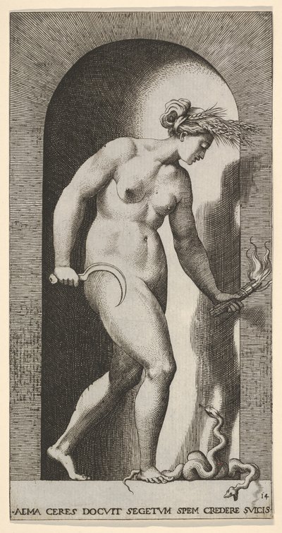 Planche 14 : Cérès dans une niche, regardant à droite, debout sur un serpent à deux têtes et tenant une hache, 1526 - Giovanni Jacopo Caraglio