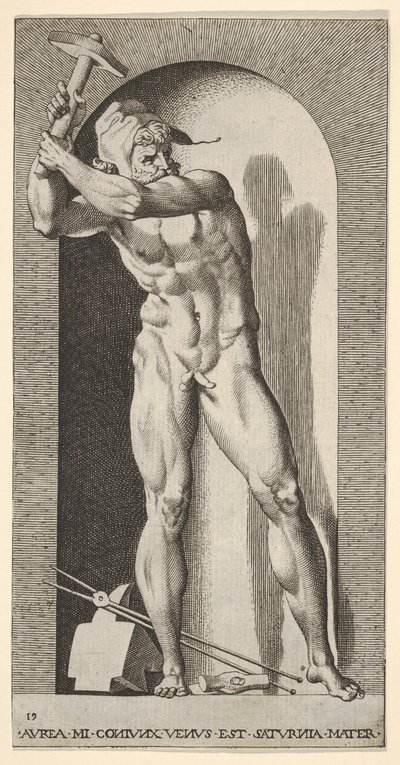 Planche 19 : Vulcain debout dans une niche balançant un marteau, avec une enclume, un marteau et des pinces - Giovanni Jacopo Caraglio