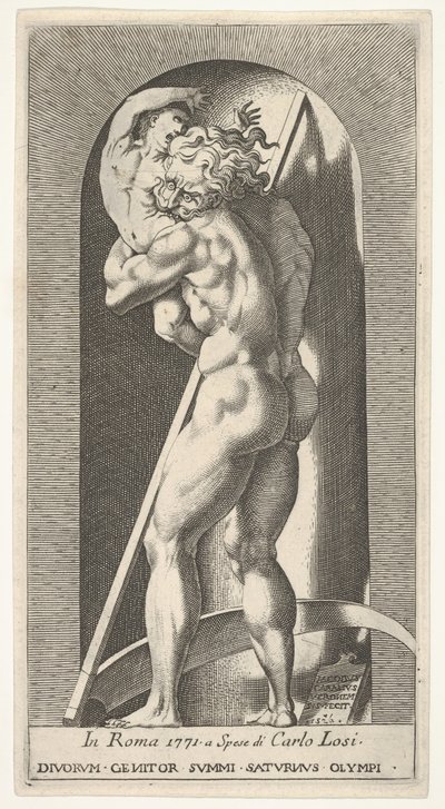 Planche 1 : Saturne dans une niche dévorant son fils, debout devant une faux, d